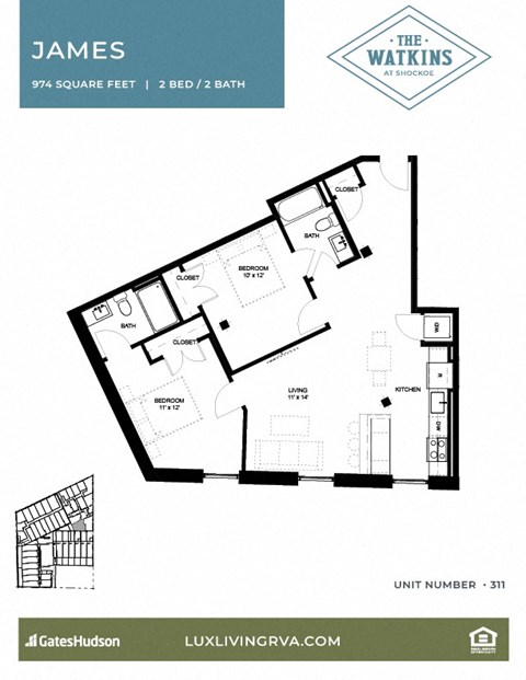 Floor plan for 2 beds, 2 baths, 1121 sqft